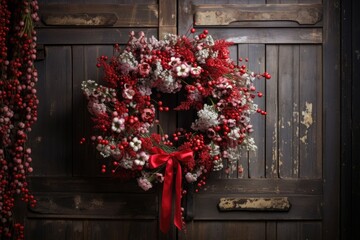 Wall Mural - festive wreath hanging on a rustic wooden door