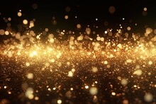 Gold Bokeh Light Background, Christmas Glowing Bokeh Confetti And Sparkle Texture Overlay For Your Design. Sparkling Gold Dust Abstract Golden Luxury Decoration Background.