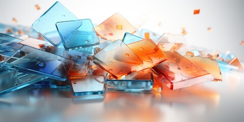 A bunch of blue and orange cubes on a table. Digital image.