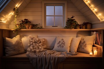Wall Mural - cozy reading nook with soft lighting and cushions