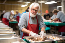 An Elderly Caucasian Man Volunteering At A Food Bank, Wearing An Apron And Serving Meals To Those In Need. Community Support Concept. Generative AI