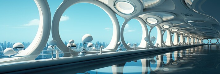 Wall Mural - A futuristic city with a pool and a sky background. Digital image.