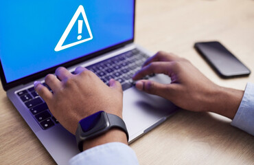 Aufkleber - Virus, laptop error and business man hands with system crash and malware in a office. Cyber security, password problem and ransomware from spam with computer glitch at a workplace with tech trouble