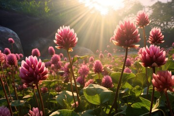 bright sunlight streaming onto a patch of clover flowers