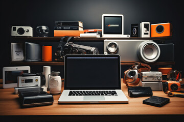 Fototapete - Laptop, display and bunch of computer devices. Beautiful illustration picture. Generative AI