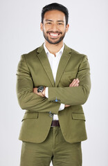 Aufkleber - Business man, arms crossed and entrepreneur portrait with work confidence and smile in a studio. Happy, success and male professional with job pride and employee with a white background and a worker