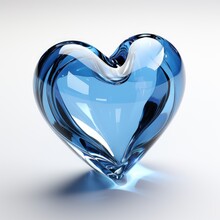 A blue glass heart shaped object on a white surface. Digital image.