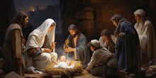 Children Gathered Around A Nativity Scene.  