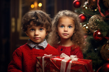 Wall Mural - Children are waiting and celebrating Christmas and New Year.  