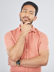 Leinwandbilder - Confused, thinking and asian man in studio for planning, decision or questions on grey background space. Idea, why and Japanese male model with choice, brainstorming or problem solving doubt emoji