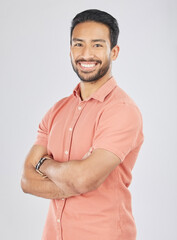 Aufkleber - Business, crossed arms and portrait of Asian man in studio smile for career, work and job opportunity. Confidence, professional male and isolated happy person in casual style on white background