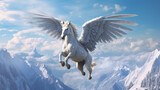 Fototapeta Pokój dzieciecy - Majestic Pegasus flies over the winter mountains by AI