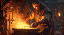 Medieval Blacksmith Creates A Tool In His Forge By AI