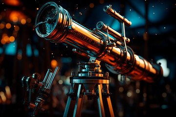 Wall Mural - old antique telescope in a dark sky, moon and stars.