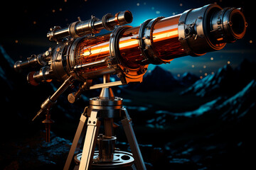Wall Mural - old antique telescope in a dark sky, moon and stars.