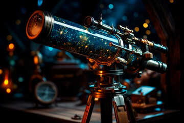 Wall Mural - old antique telescope in a dark sky, moon and stars.