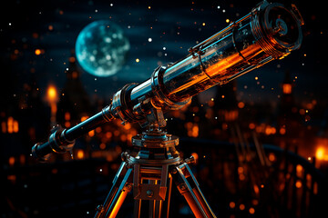Wall Mural - old antique telescope in a dark sky, moon and stars.