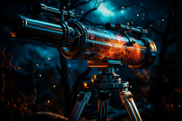 Wall Mural - old antique telescope in a dark sky, moon and stars.