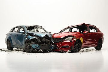 two Cars accident violently facing each other, on isolated white background Generative ai