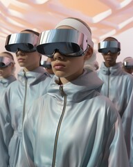 Wall Mural - A group of people wearing futuristic virtual reality eyewear, adorned in sleek silver goggles, explore a thrilling new reality with an infectious sense of excitement and anticipation