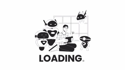 Poster - STEM robotics bw loading animation. Asian robotic engineer operates robots outline 2D cartoon character 4K video loader motion graphic. Technology engineering animated gif isolated on white background