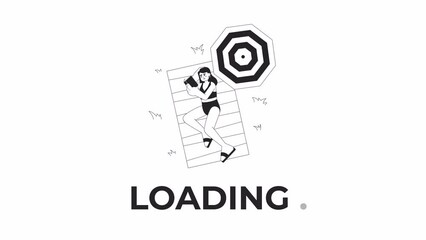 Poster - Reading book at beach black and white loading animation. Woman enjoying summer reading outline 2D cartoon character 4K video loader motion graphic. Book vacation. Beach relaxation waiting animated gif