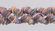 Spirals with colorful circle shapes. Gray background. Abstract illustration, 3d render.