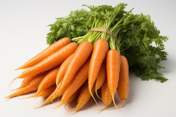 Wall Mural - Bunch of fresh carrots with green leaves isolated on white background. Healthy food and vegetables