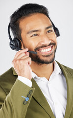 Poster - Happy asian man, call center and headphones in customer service, support or telemarketing against a white studio background. Friendly businessman, consultant or agent smile in online advice or help