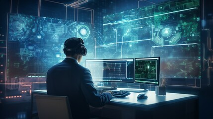 Fototapete - Artificial intelligence engineer is working by computer. Beautiful illustration picture. Generative AI