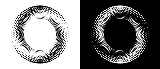 Modern abstract background. Halftone dots in circle form. Round logo. Vector dotted frame. Design element or icon. Black shape on a white background and the same white shape on the black side.