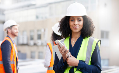 Canvas Print - Engineering, technology and portrait a woman outdoor for planning, building or construction site. African person or engineer with network connection in a city for project management with a team