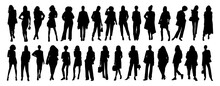 Set Of Different Business Women Silhouettes. Modern Business Ladies Standing, Walking Full Length. Monochrome Outline Black Vector Illustration Isolated, Transparent Background . Avatar, Icon, Symbol.