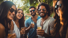 Bunch Of Young People In A Party With Glasses In Hand, Indian Looking People , Summer Vibe With Man And Woman Outdoor Festive Gathering