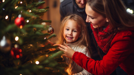 Happy parent helping their daughter decorate the house christmas tree , smiling young girl enjoying festive activities concept