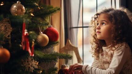 A little girl looking out a window at a christmas tree