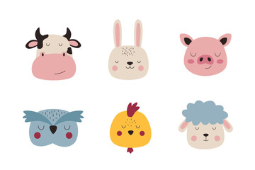 A set of cute animal faces. Colorful animal portraits for cards, posters and other designs