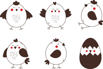 Wall Mural - Set of vector monochrome chickens in different poses. Chicken hatched from egg. Cute illustration for postcards, stationery, clothing