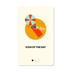 Poster - Top view of woman sunbathing on beach with tablet flat icon. Vertical sign or vector illustration of isolated beach travel element. Summer vacation, traveling concept for web design and apps