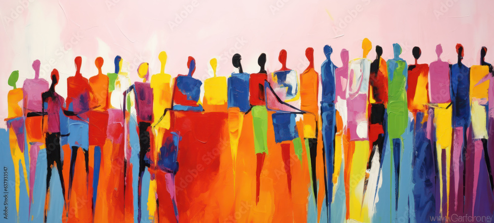 Abstract colorful art watercolor painting depicts a diverse group of ...