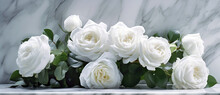 Beautiful White Flowers, Roses, Over Marble Background. Bouquet Of Flowers At Cemetery , Funeral Concept.
