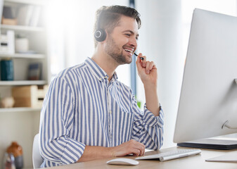 Sticker - Happy, customer service and consultant or man in call center speaking online for technical support, advice or help. Employee, talking and consulting person in London working in crm for tech startup