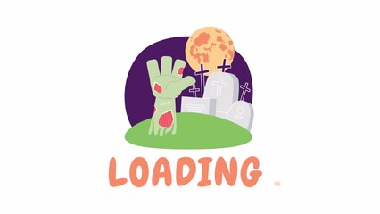 Poster - Zombie graveyard in Halloween night 2D loading animation. Hand bursting out of grave animated cartoon scene 4K video loader motion graphic. Moon night on spooky cemetery download, upload progress gif