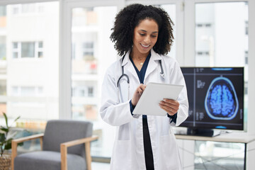 Neurology, doctor and planning surgery with tablet in office with x ray, results and patient data on tech for expert consultation. Cancer, research and black woman to study the brain or neuroscience