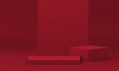 Wall Mural - 3d red podium squared platform with wall backdrop for product promo presentation realistic vector