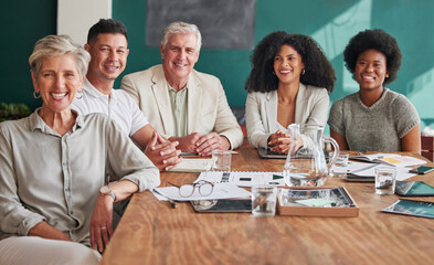Aufkleber - Business people, portrait and meeting with a corporate team with a smile, pride and professional group. Entrepreneur men and women in office for collaboration, development and strategy or planning