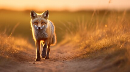 Wall Mural - Animal wildlife photography fox with natural background in the sunset view, AI generated image