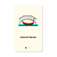 Poster - Gondola in Venice canal near bridge flat icon. Vertical sign or vector illustration of place for trip, vacation or holiday. Sightseeing, tourism, architecture concept for web design and apps