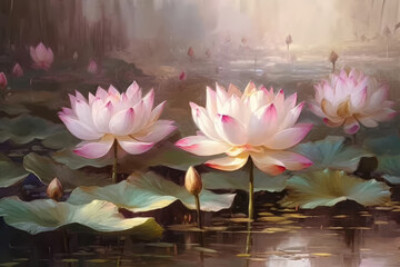 Wall Mural - Pink Lotus Flowers in the lake or pond, art, oil painting.  Pink Water Lilies