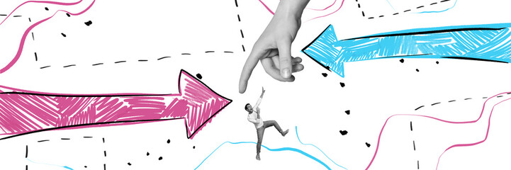 Composite panorama picture photo collage of scared funny man look at big hand pointing direction isolated on creative drawing background